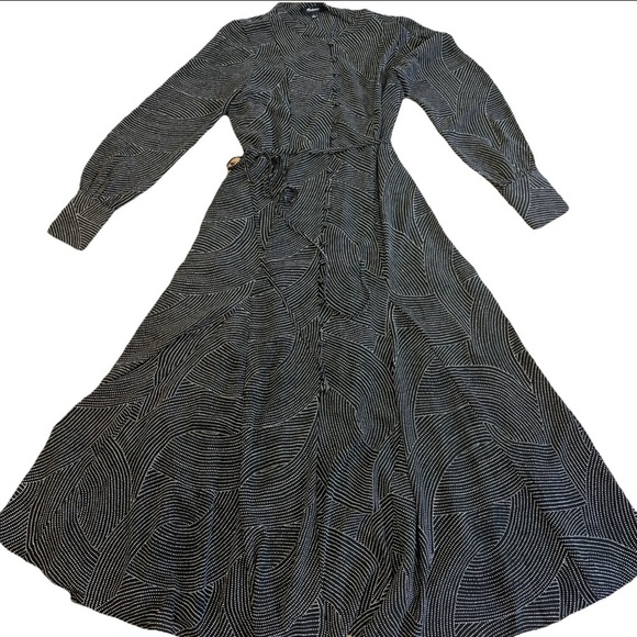 Madewell Tie Waist Midi Dress Black Dot Small Fit Flare Button Front Academia - Picture 9 of 10